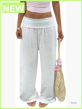 Women's Fold Over Low Rise Linen Pants Wide Leg Casual Vacation Trousers